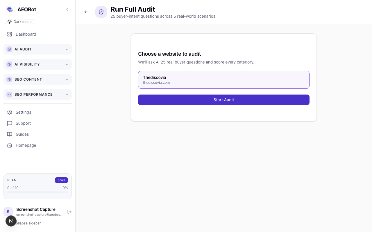AEOBot Full Audit start screen — choose a website to audit