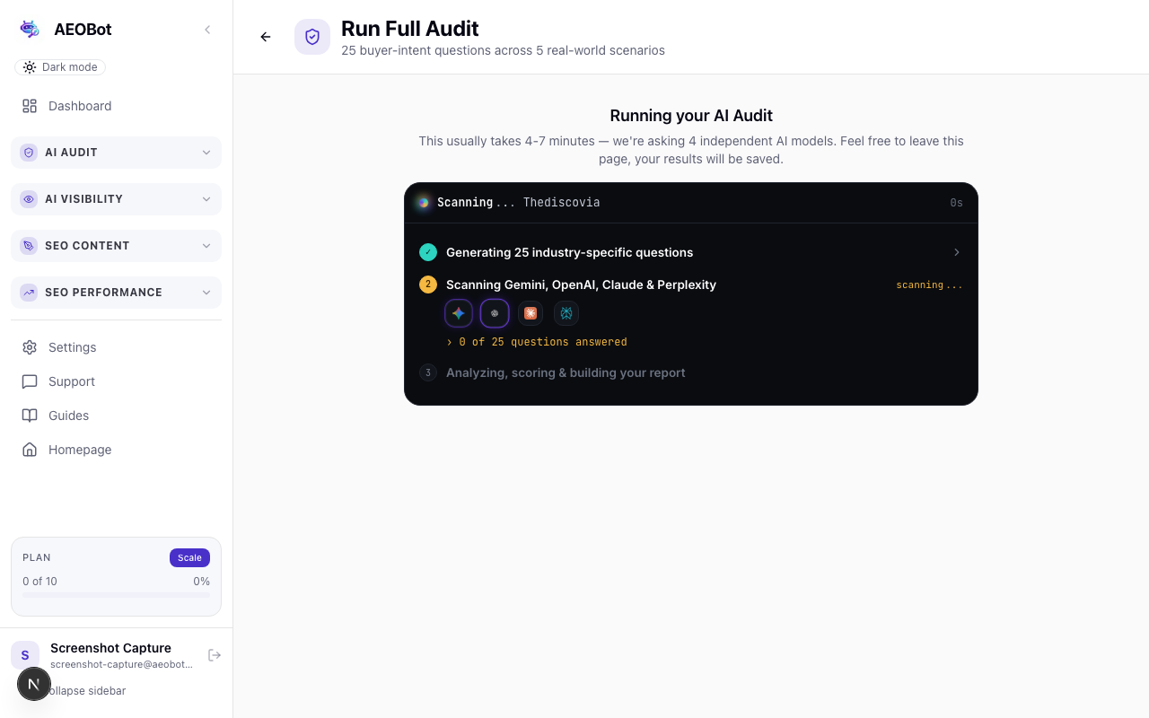 AEOBot Full Audit running live, showing real question progress