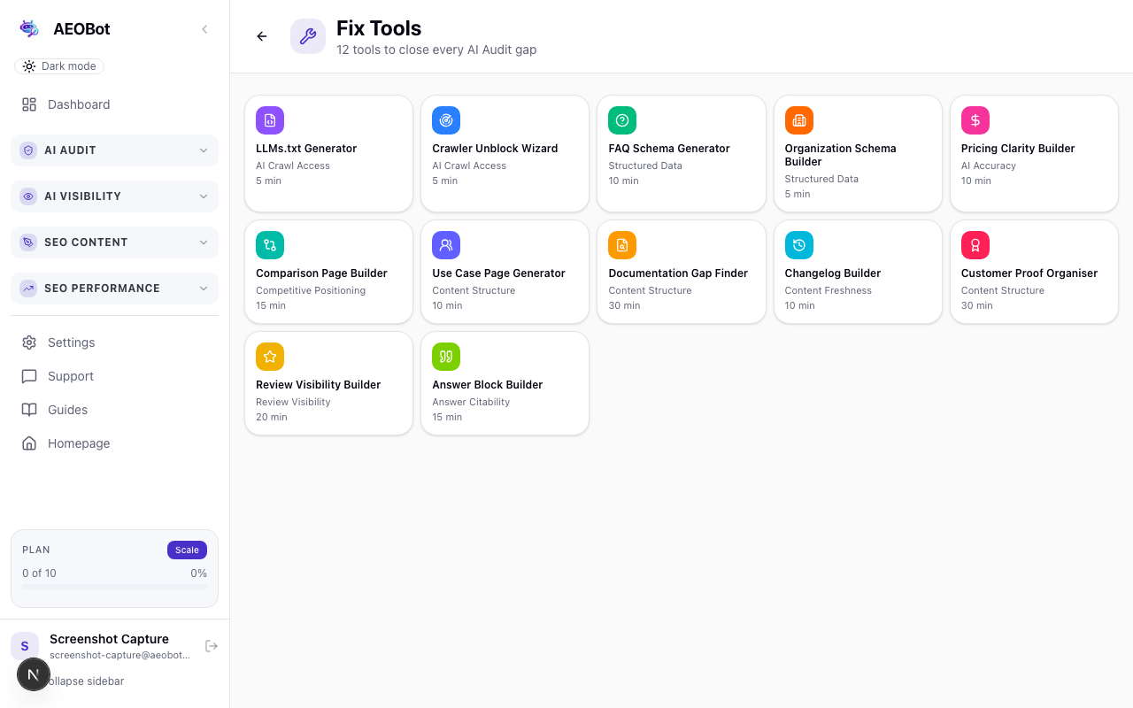 AEOBot Fix Tools hub for AI Audit