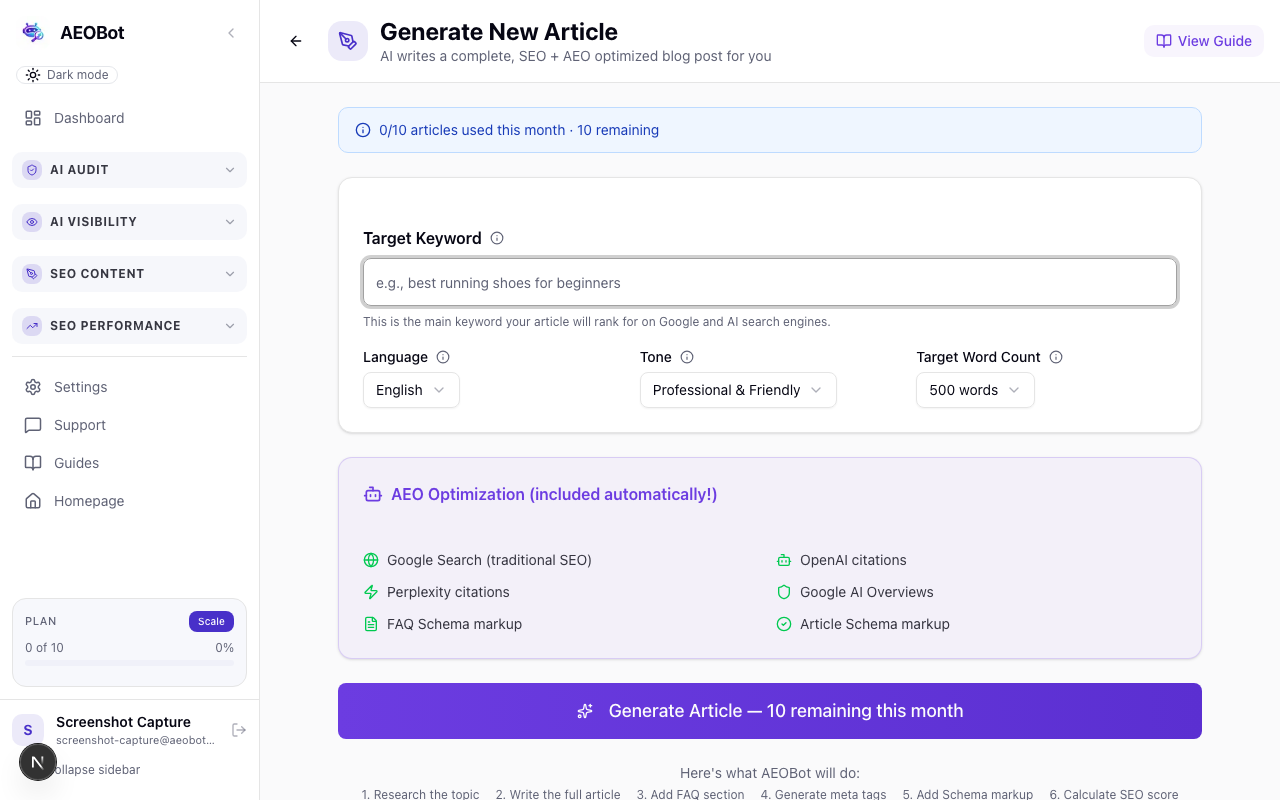 AEOBot AI article writer screen with AEO optimization options