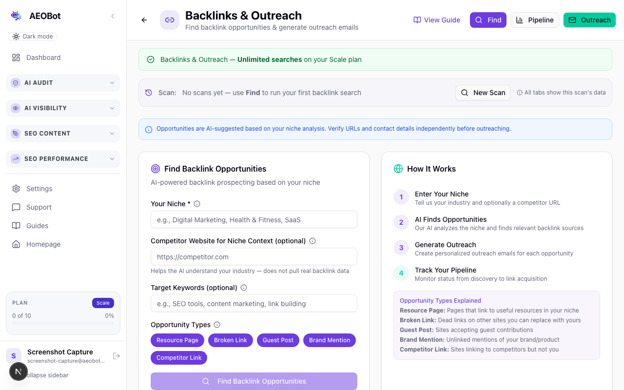 AEOBot backlinks tracking screen