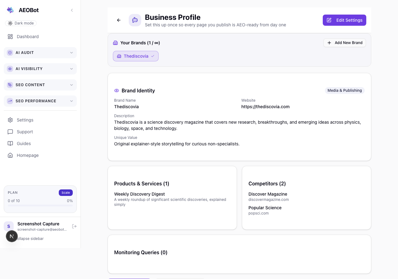 AEOBot Business Profile screen showing brand identity, products and competitors