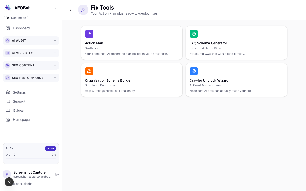 AEOBot Fix Tools hub showing Action Plan and schema generators